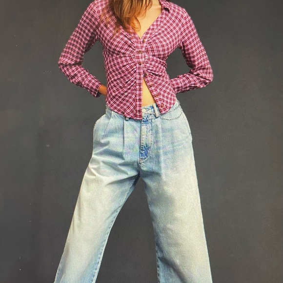 Plaid Button-Up Ruched Shirt - Picture 2 of 5